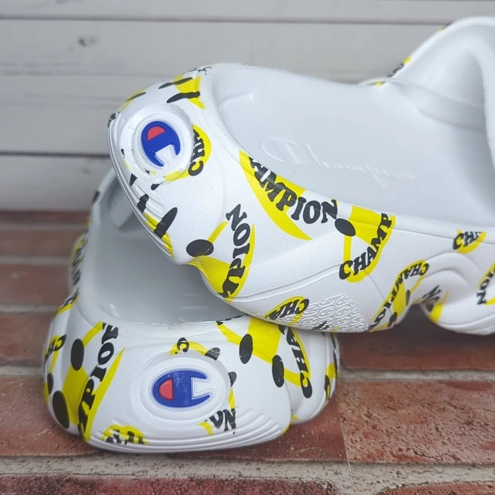 Champion Men's Meloso Squish Smile‎ White and Yellow Slide Slip On Sandals